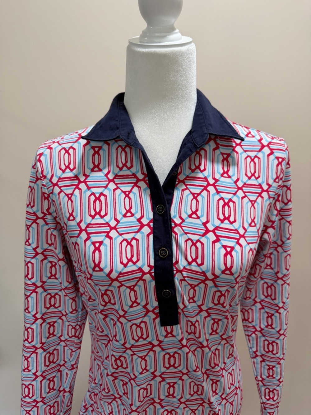 J. McLaughlin White w Pink Blue Pattern Catalina Cloth Long Sleeve Polo Top S - Picture 3 of 6
